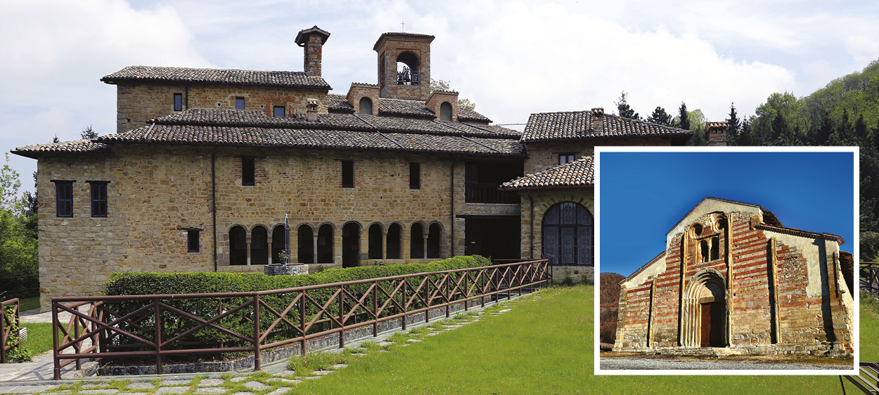 Inquadratura principale di un antico monastero in pietra con campanile e loggiato, e un riquadro più piccolo che mostra un'abbazia, situata lungo la Greenway Voghera-Varzi. | Main view of an ancient stone monastery with a bell tower and portico, alongside a smaller inset showing an abbey located along the Voghera–Varzi Greenway.