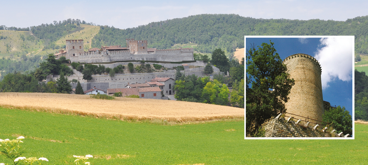 Un collage di due foto panoramiche di un castello e una torre di avvistamento immersi nel verde delle colline dell'Oltrepò Pavese, visto lungo la Greenway Voghera-Varzi. | A collage of two panoramic photos featuring a castle and a watchtower surrounded by the greenery of the Oltrepò Pavese hills, as seen along the Voghera–Varzi Greenway